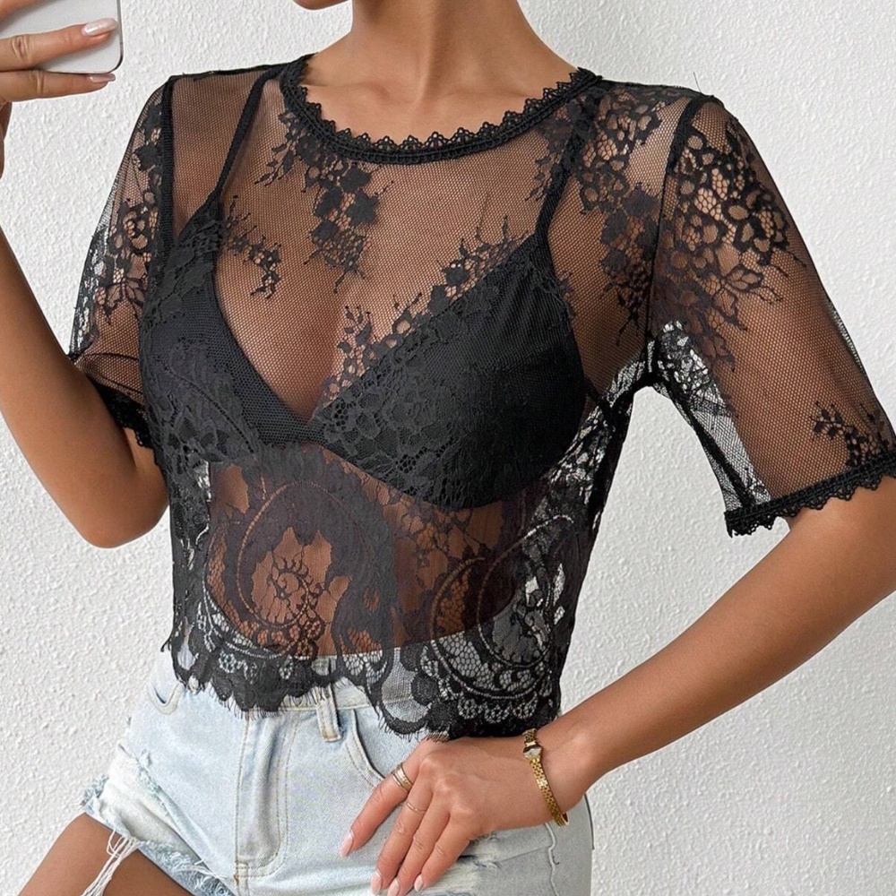 Black Floral Semi Sheer Short Sleeve Lace Top - Picture 3 of 6